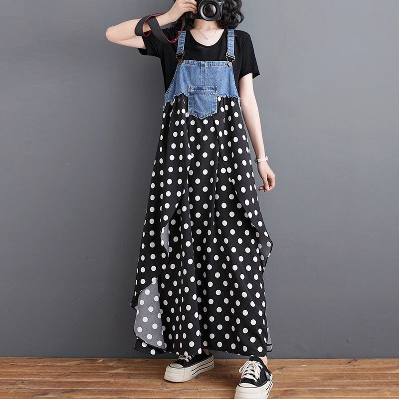 Color Loose Denim Stitching Floral Strap Dress