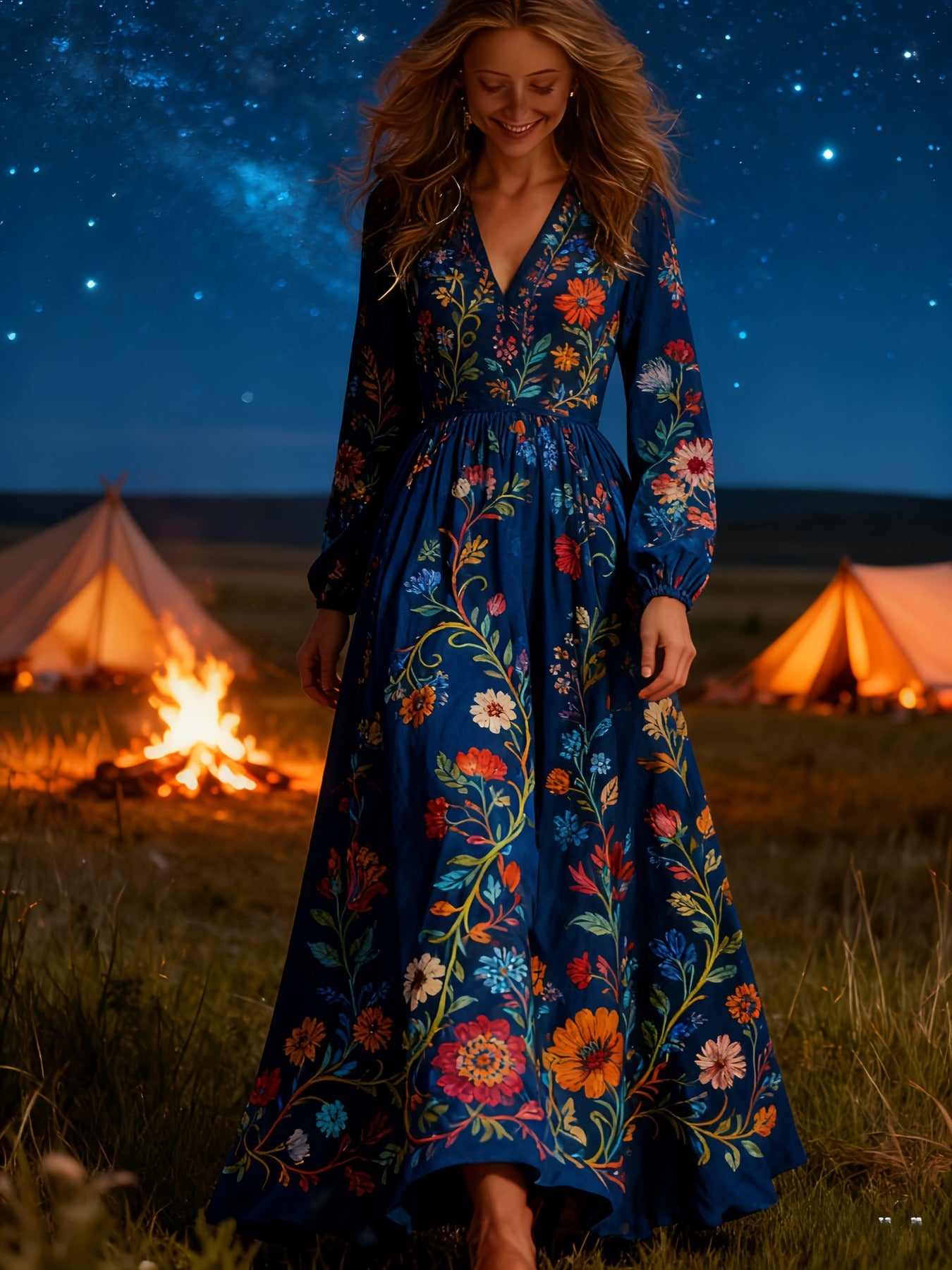 Long Sleeve Ethnic Style Bohemian Large Dress
