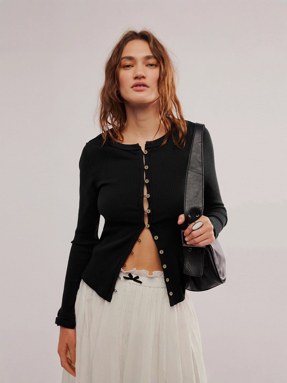 Women's Fashion Wear Long Sleeve Round Neck Button Rib Pure Color Women's Sweater
