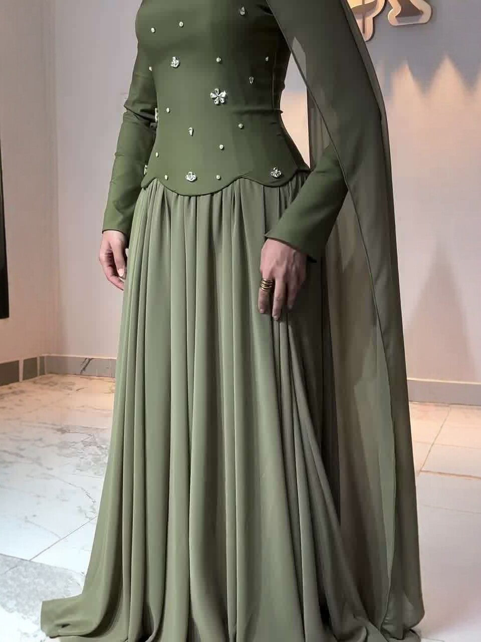 Women's Green Diamond Long Sleeves Elegant For Dress