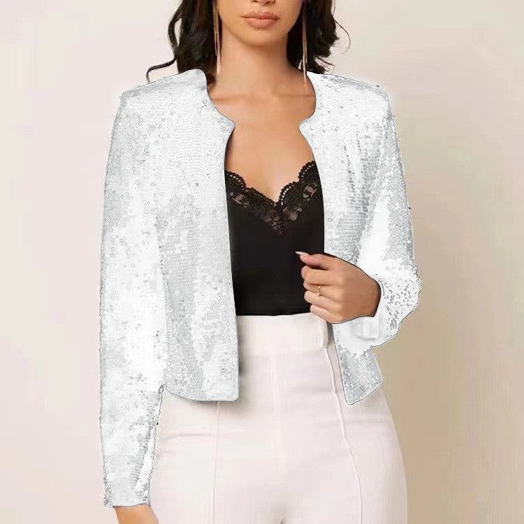Women's Spring Fashion Stand Collar Color Matching Sequins Casual Versatile Coats