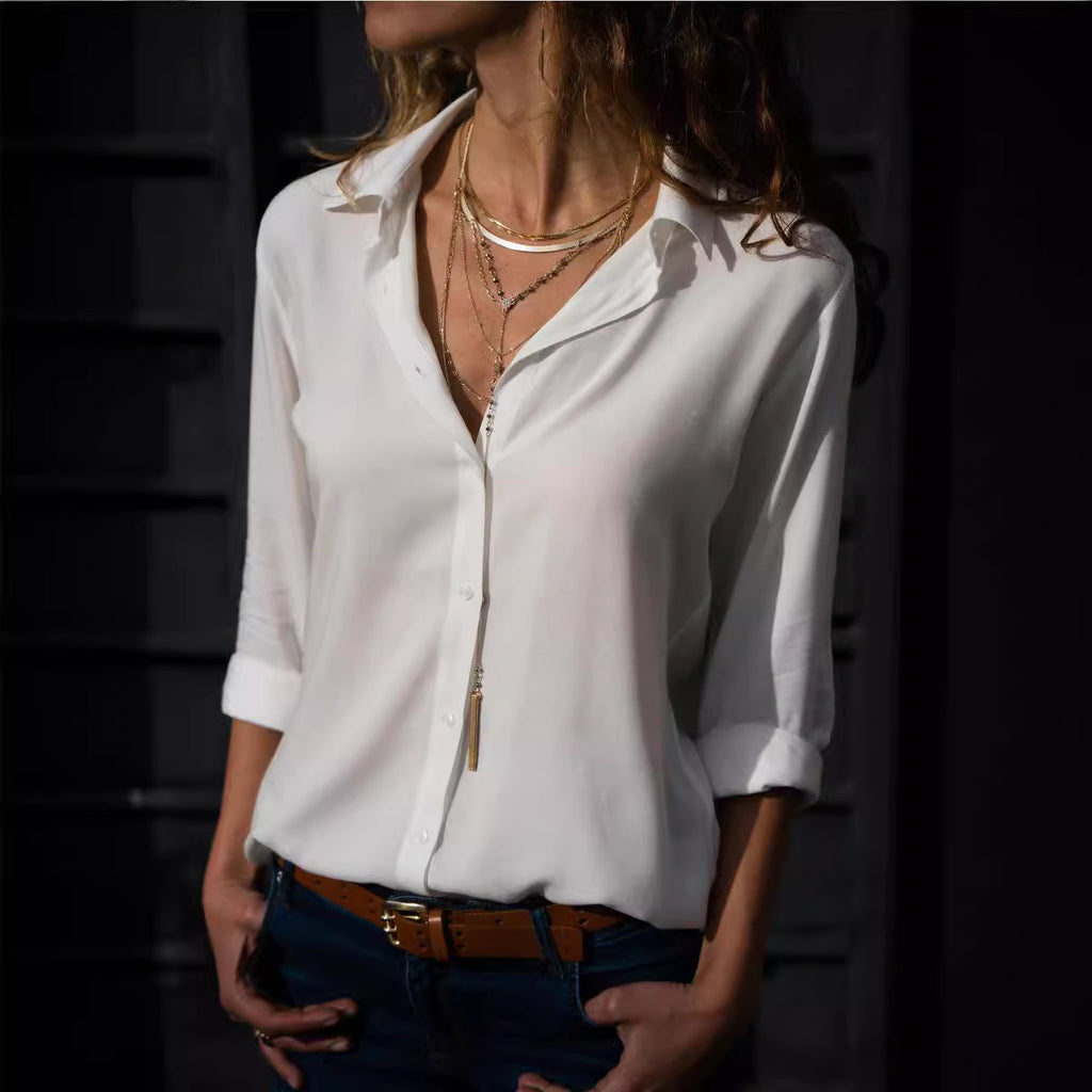 Women's Long-sleeved Deep V Button Chiffon Shirt Blouse