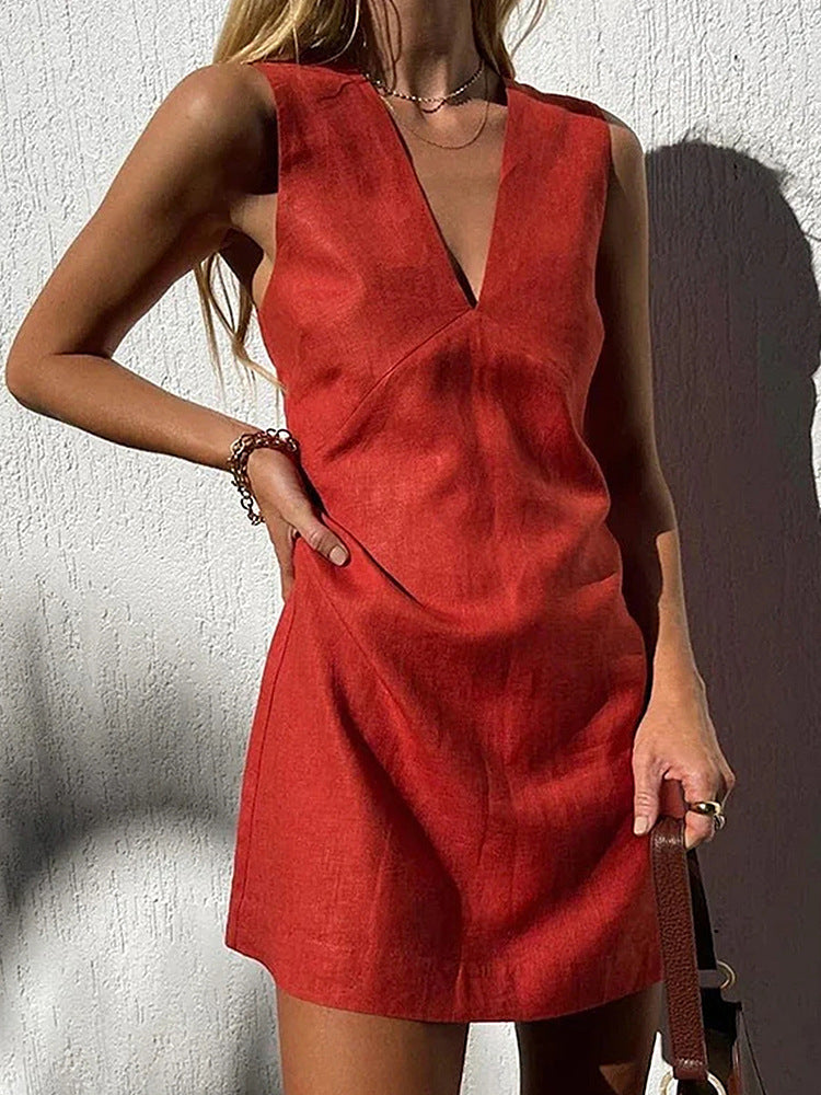 Women's Cotton Linen Sleeveless Summer Basic Solid Color Dress