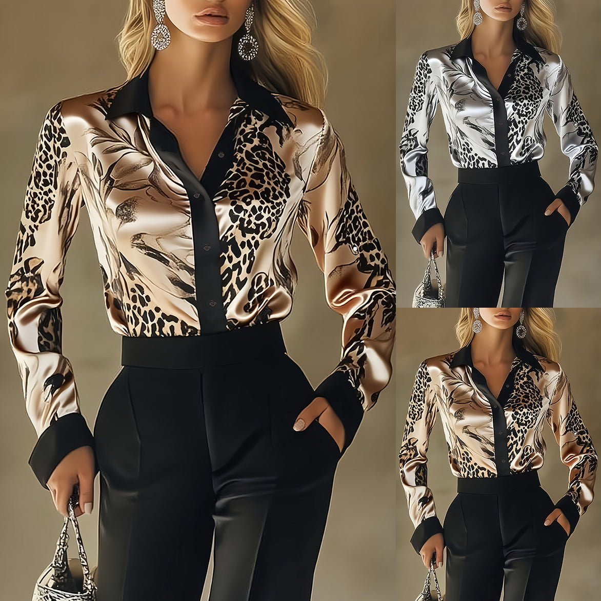 Women's Satin Printed Long Sleeve Shirt Blouse