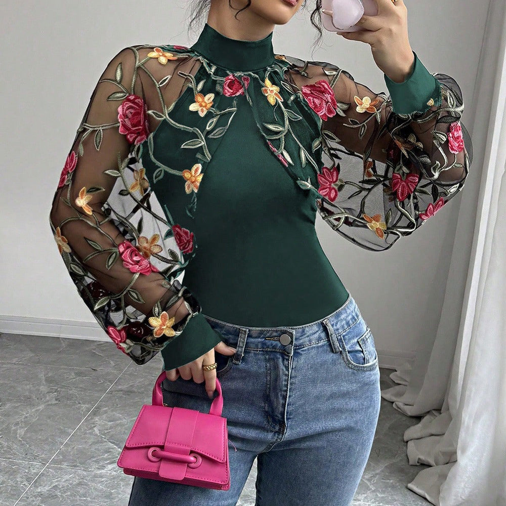 Women's Summer Sexy Floral Embroidered Lace Stitching Ruffle Fashionable Blouse