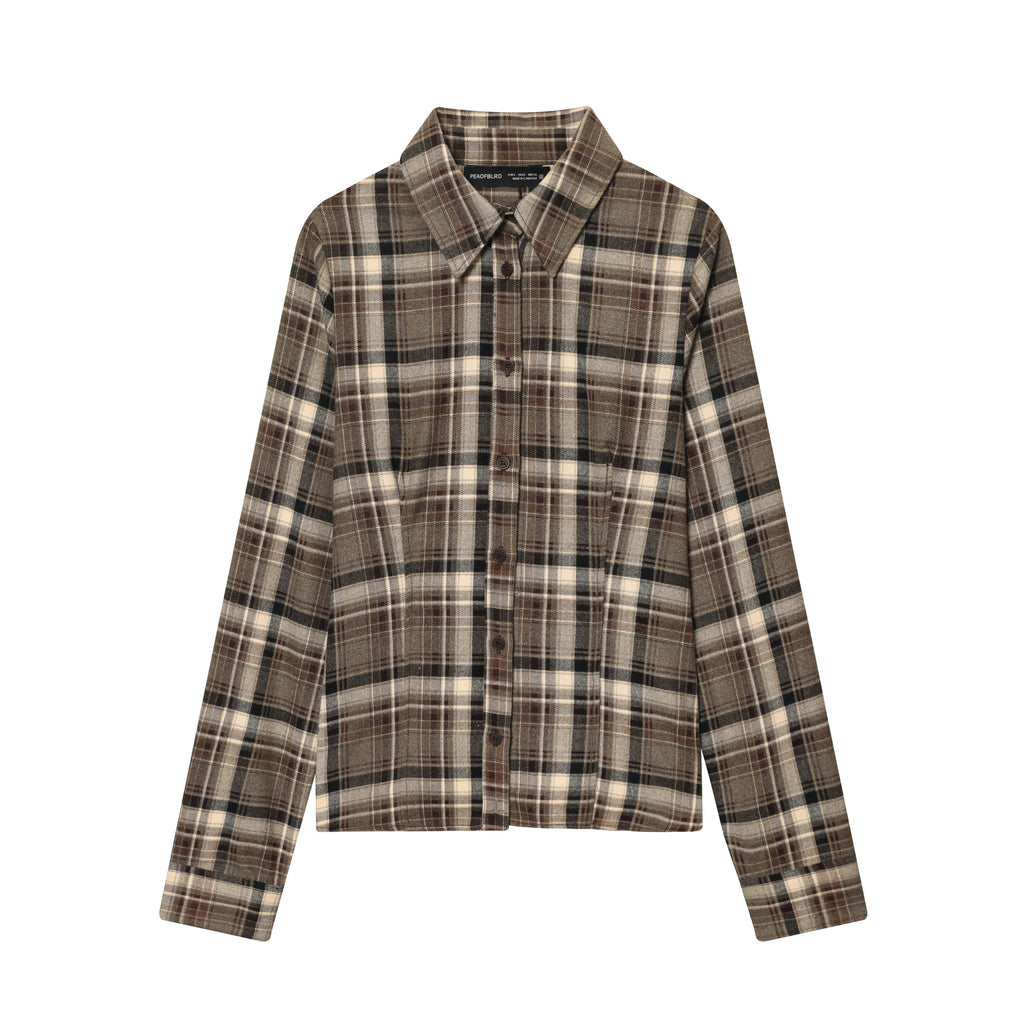 Women's Versatile Plaid Lapel Single Breasted Long Sleeve Slim Blouse