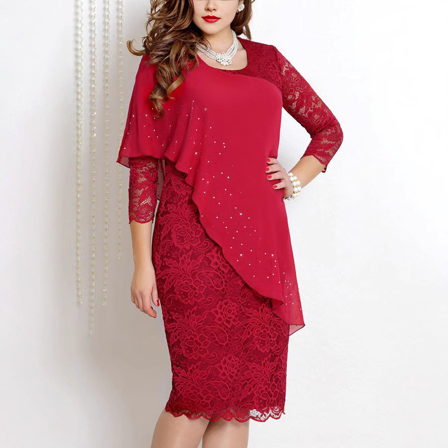 Large Solid Color Lace Stitching Elegant Cropped Dress