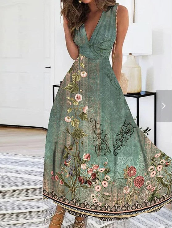 Women's Summer High Waist Sleeveless Printed Sexy Dress
