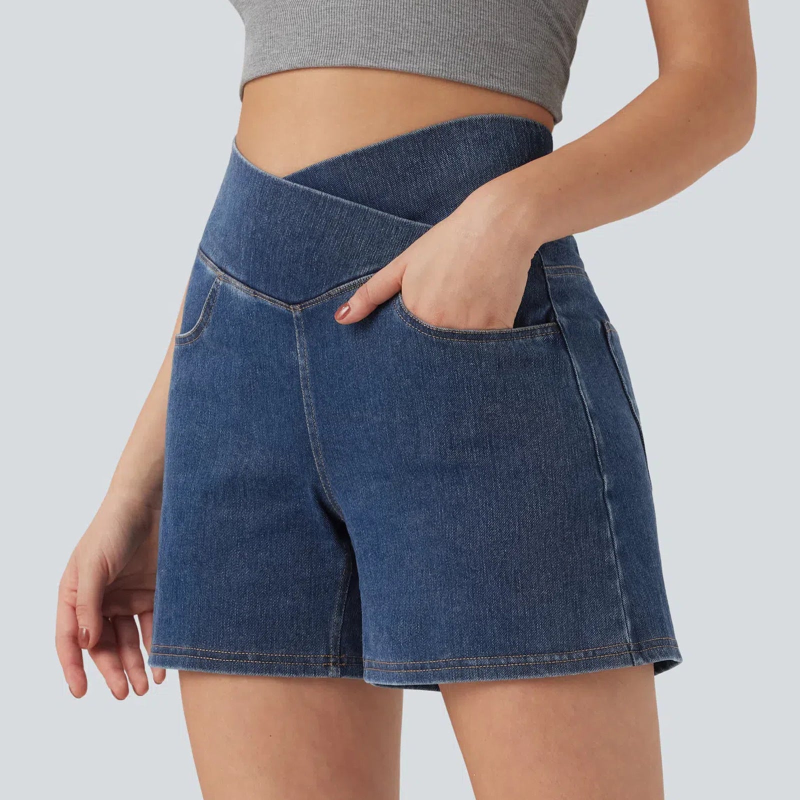 Women's Washed Cross High Waist White Denim Stretch Casual Riding Shorts