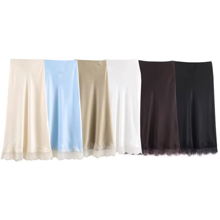 Women's Fashion Lace Silk Satin Texture Midi Skirt