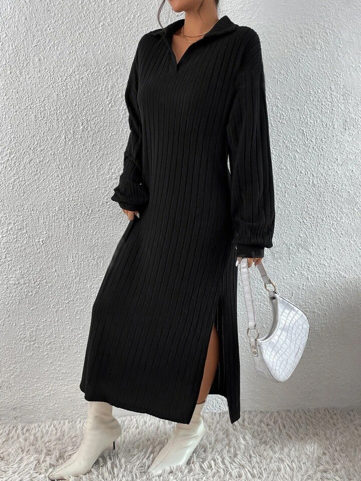 Women's Solid Color Drop Shoulder Slit Thigh No Belt Autumn Dress