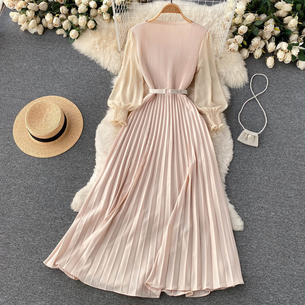 Women's Tight Waist Design Pleated Lightly Mature Dress