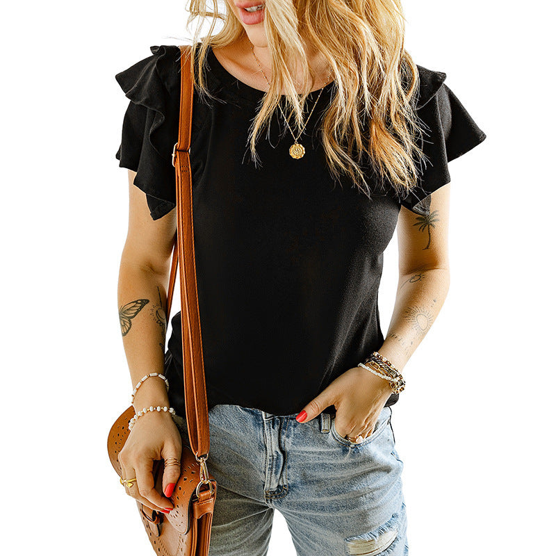 Women's Casual Style Solid Color Layered Frill Short-sleeved Women's T-shirt