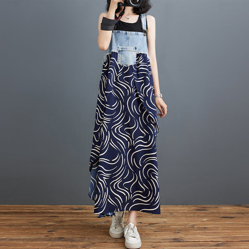 Color Loose Denim Stitching Floral Strap Dress
