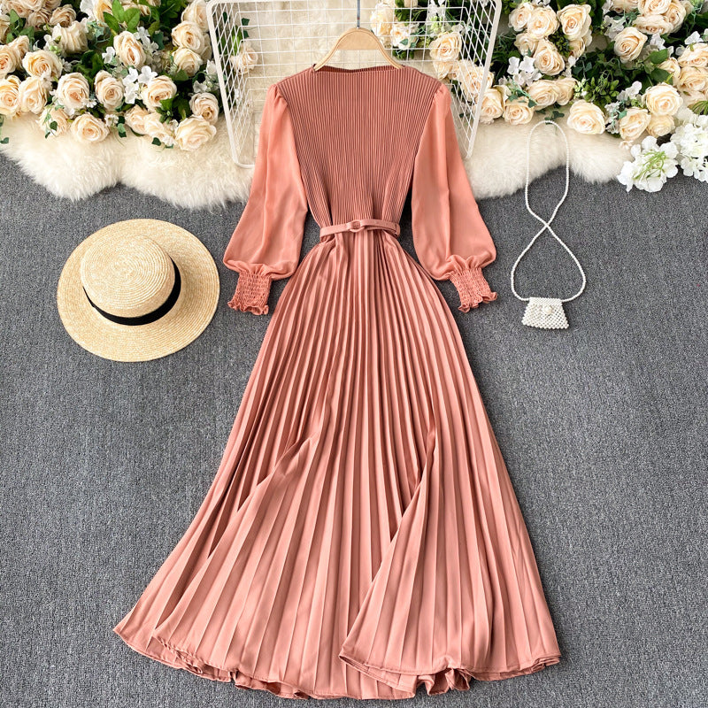 Women's Tight Waist Design Pleated Lightly Mature Dress