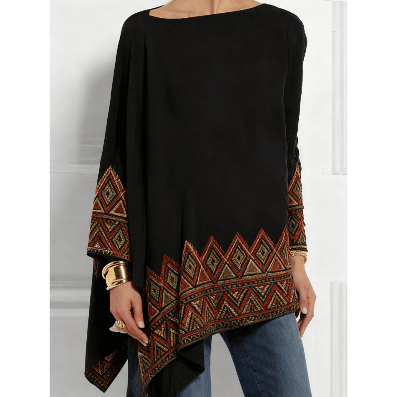 Autumn Irregular Hem Loose Casual Print Batwing Sleeve Bottoming Women's T-shirt