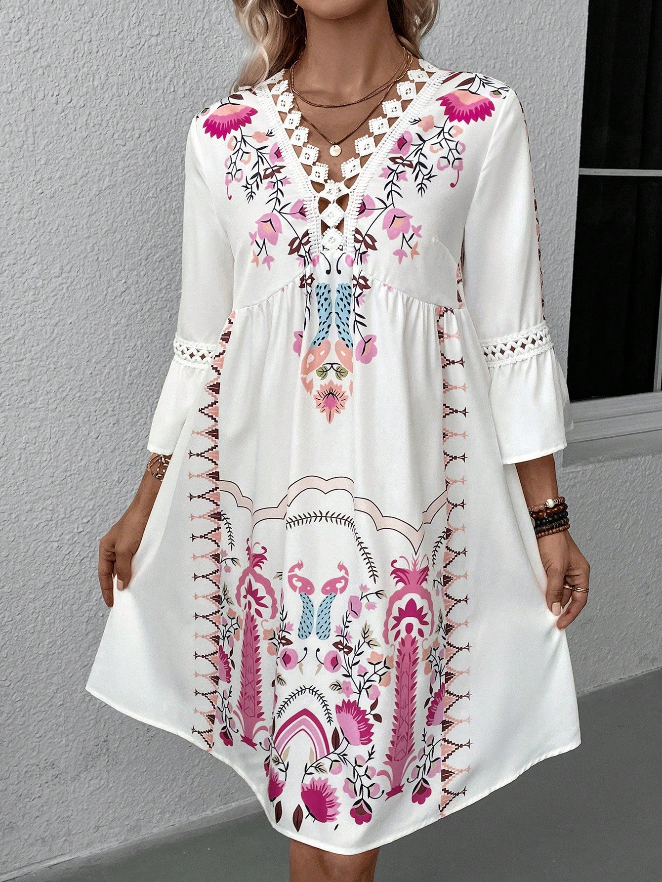 Women's Summer Lace Stitching Casual Printed Dress