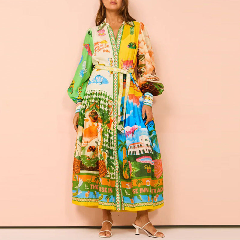 Women's Trend Printed Lantern Sleeve Long Sleeves Large Dress