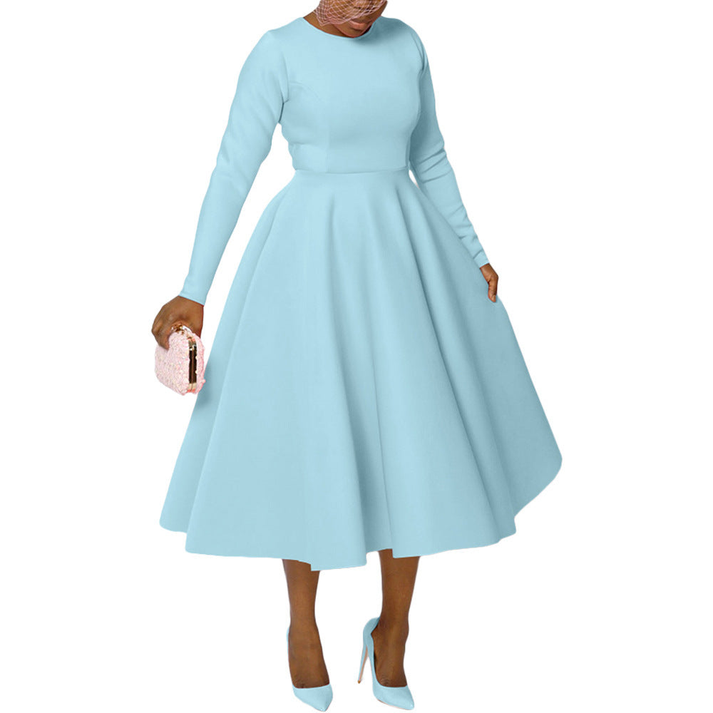 Women's Solid Color Round Neck Long Sleeve Flat Part Of Knife Dress
