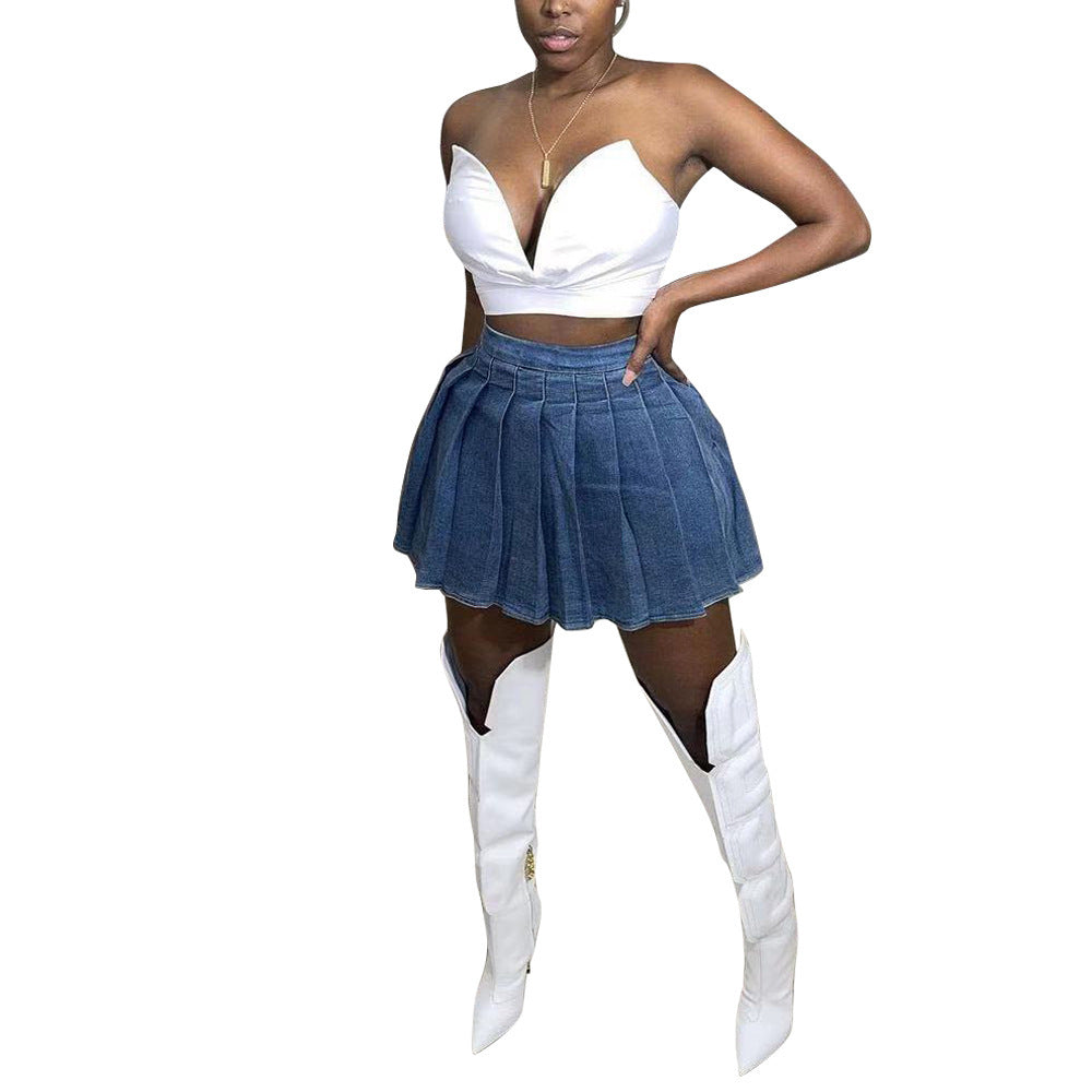 Slouchy New Fashion Casual Denim Pleated Skirt