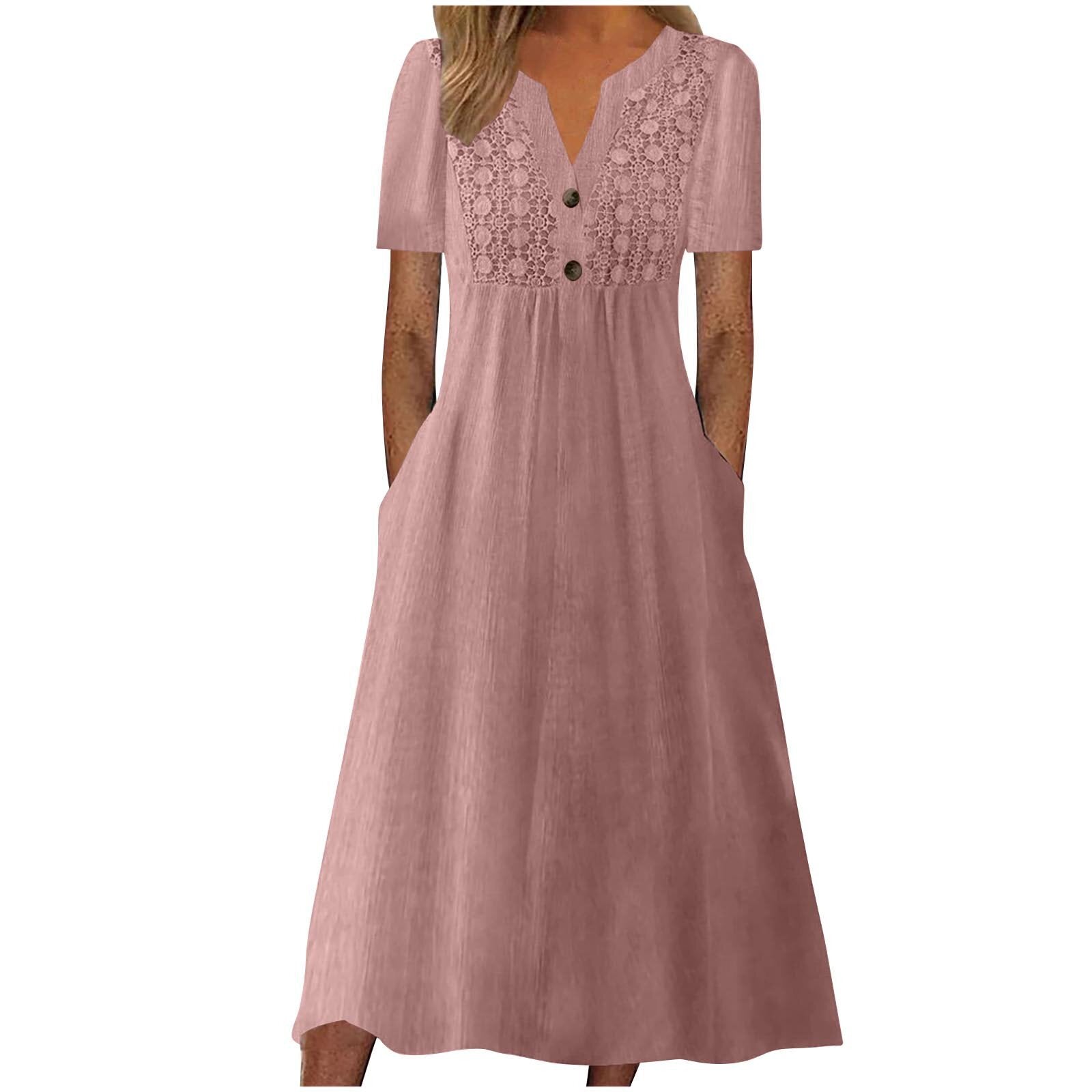 Solid Color Lace Button Pocket Sleeve Dress