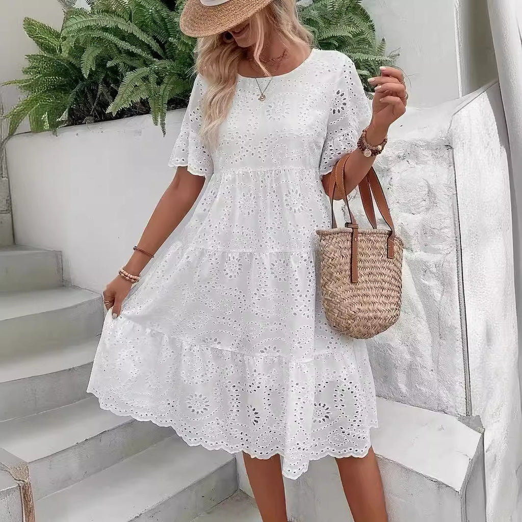 Fashion Solid Color Cotton Cloth Embroidery Dress