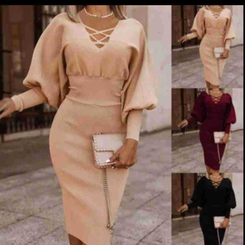 Women's Solid Color Lantern Sleeve High Waist Hip Dress
