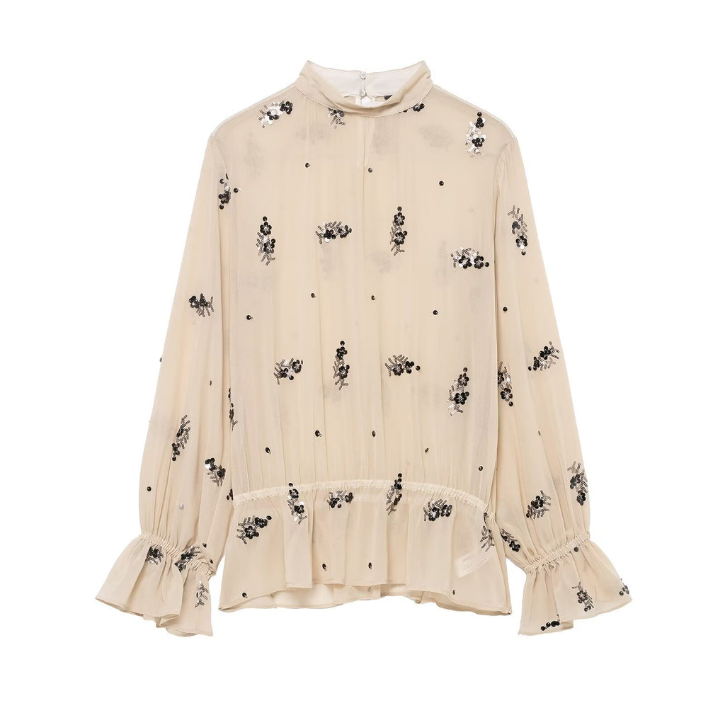 Trendy Early Spring Sequin Translucent Shirt Blouse