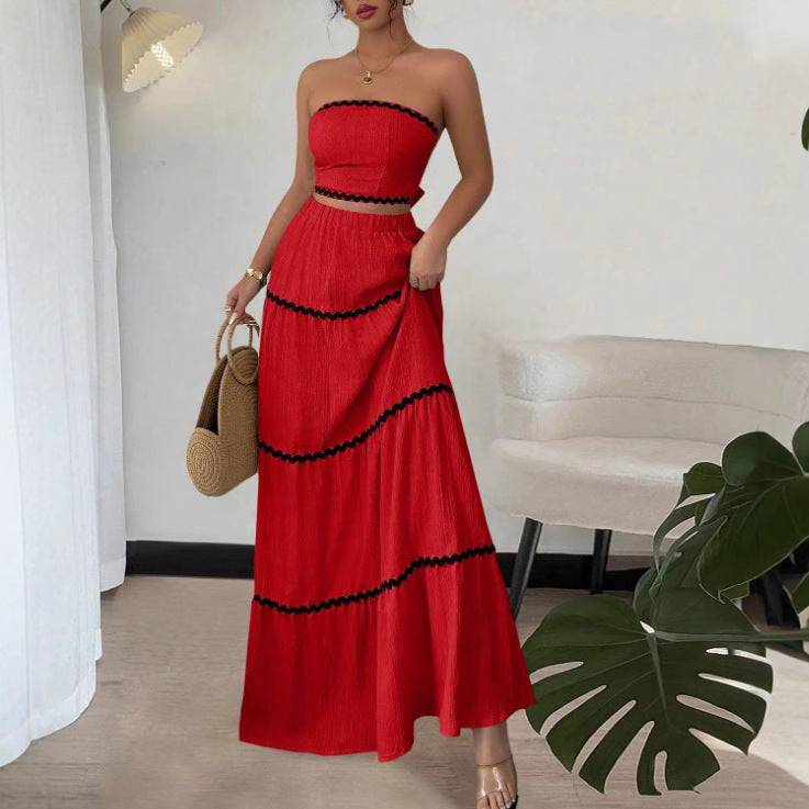 Leisure Graceful Tube Lace Long Stitching Dress