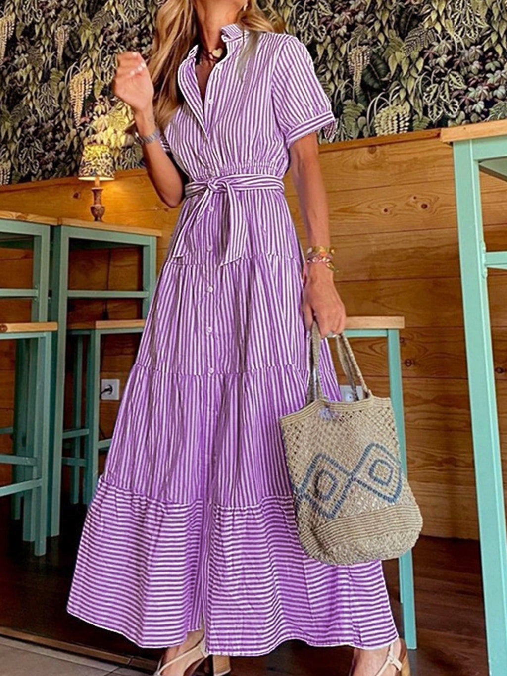 Fashionable Striped Sleeve Loose Midi Elegant Dress