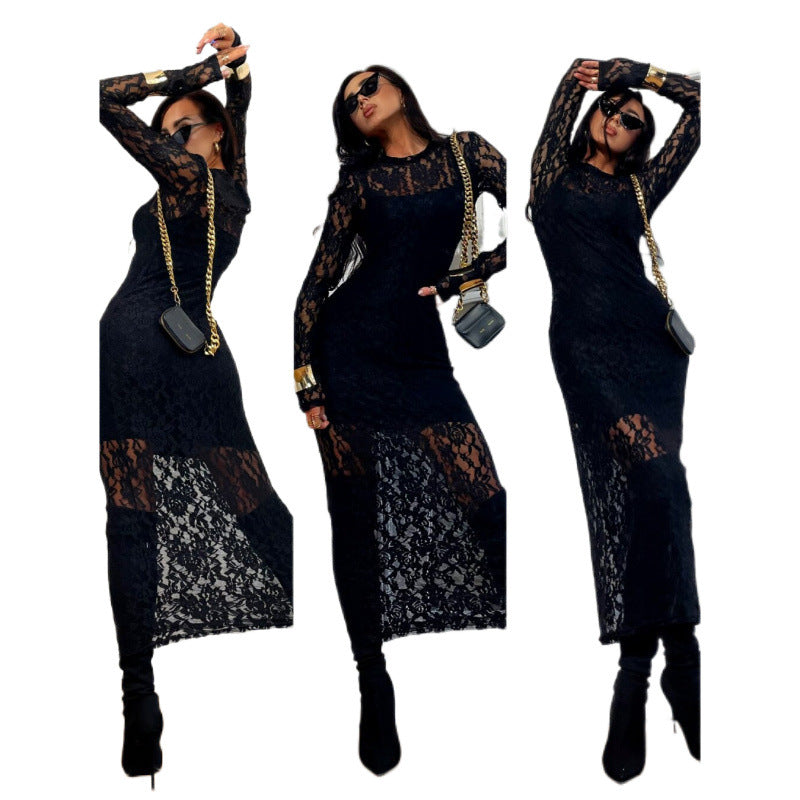 Long Sleeve Round Neck Stitching Lace Skirts