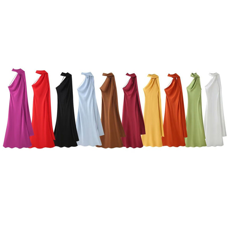 Women's Summer Silk Satin Texture Ribbon Halter Dress