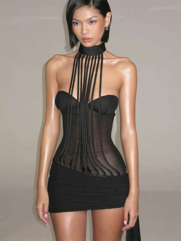 Women's Sexy Mesh Stitching Slim Backless Halter Dress
