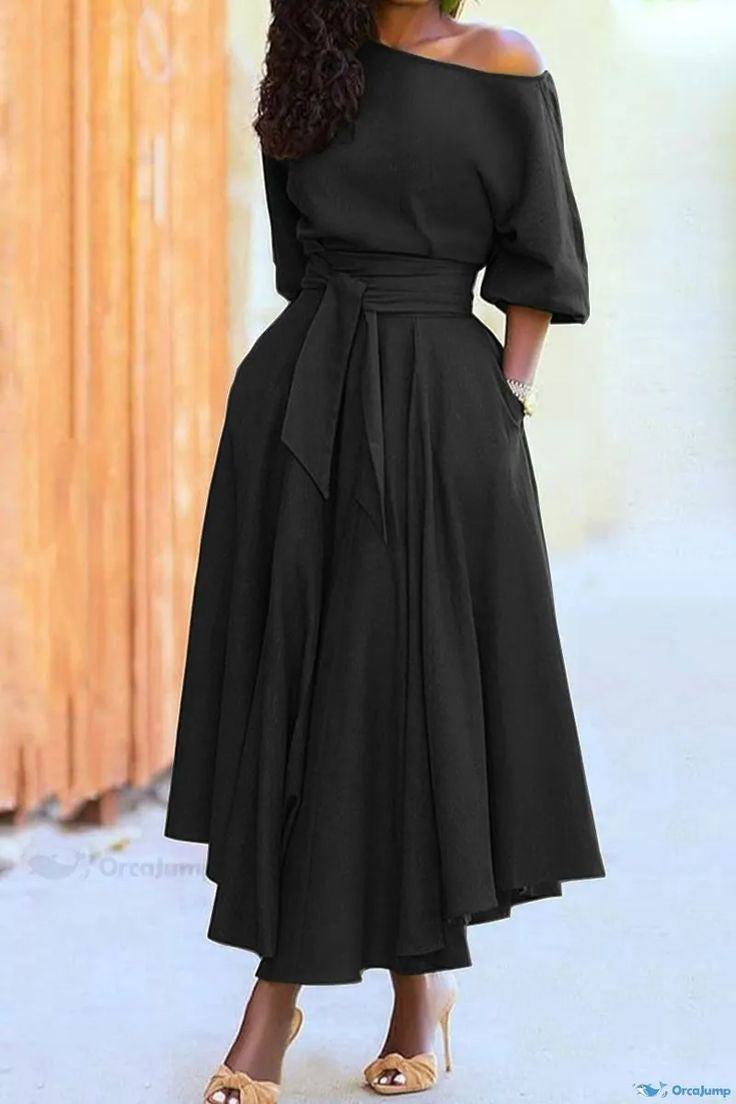 Oblique Shoulder Strap Elegant Solid Color Dress