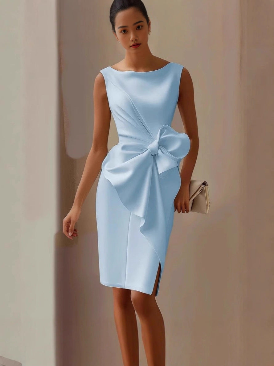 Fashionable Elegant Style Chinese Bow Mid Dress