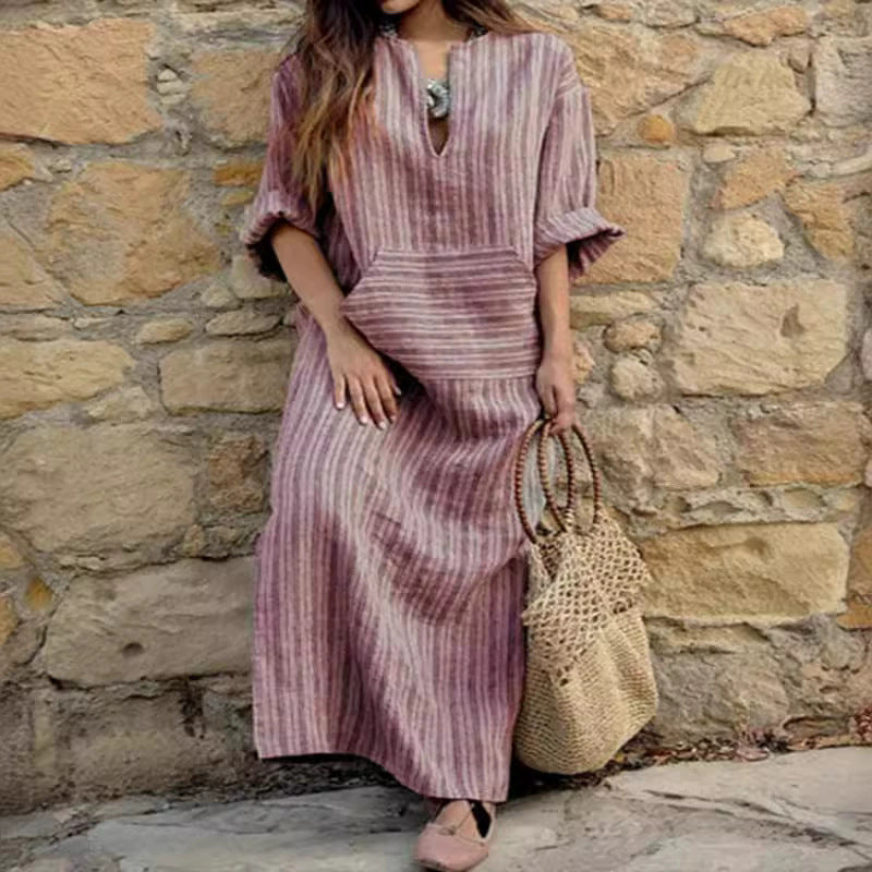 Women's Cotton Linen Yarn-dyed Striped Loose Pockets Dress