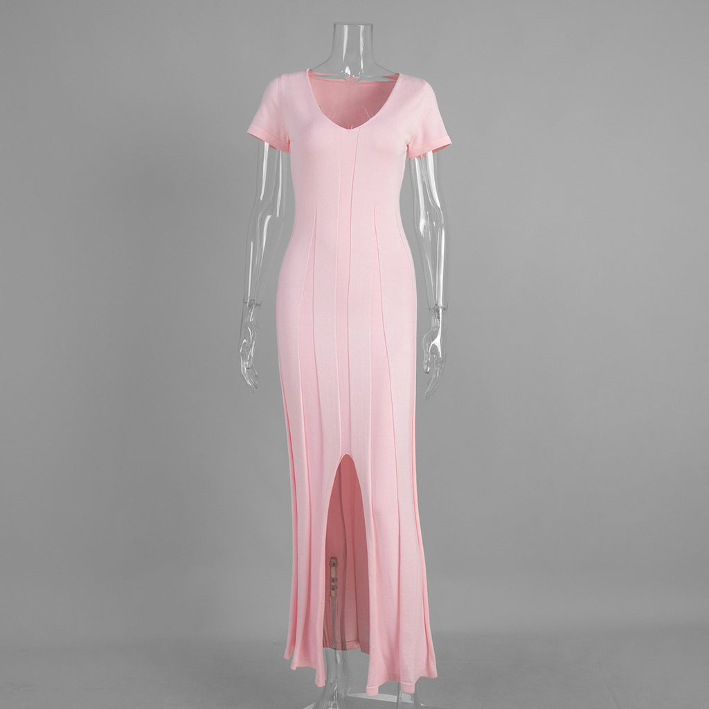 Innovative Beautiful Short-sleeved Knitted Slit Long Dress