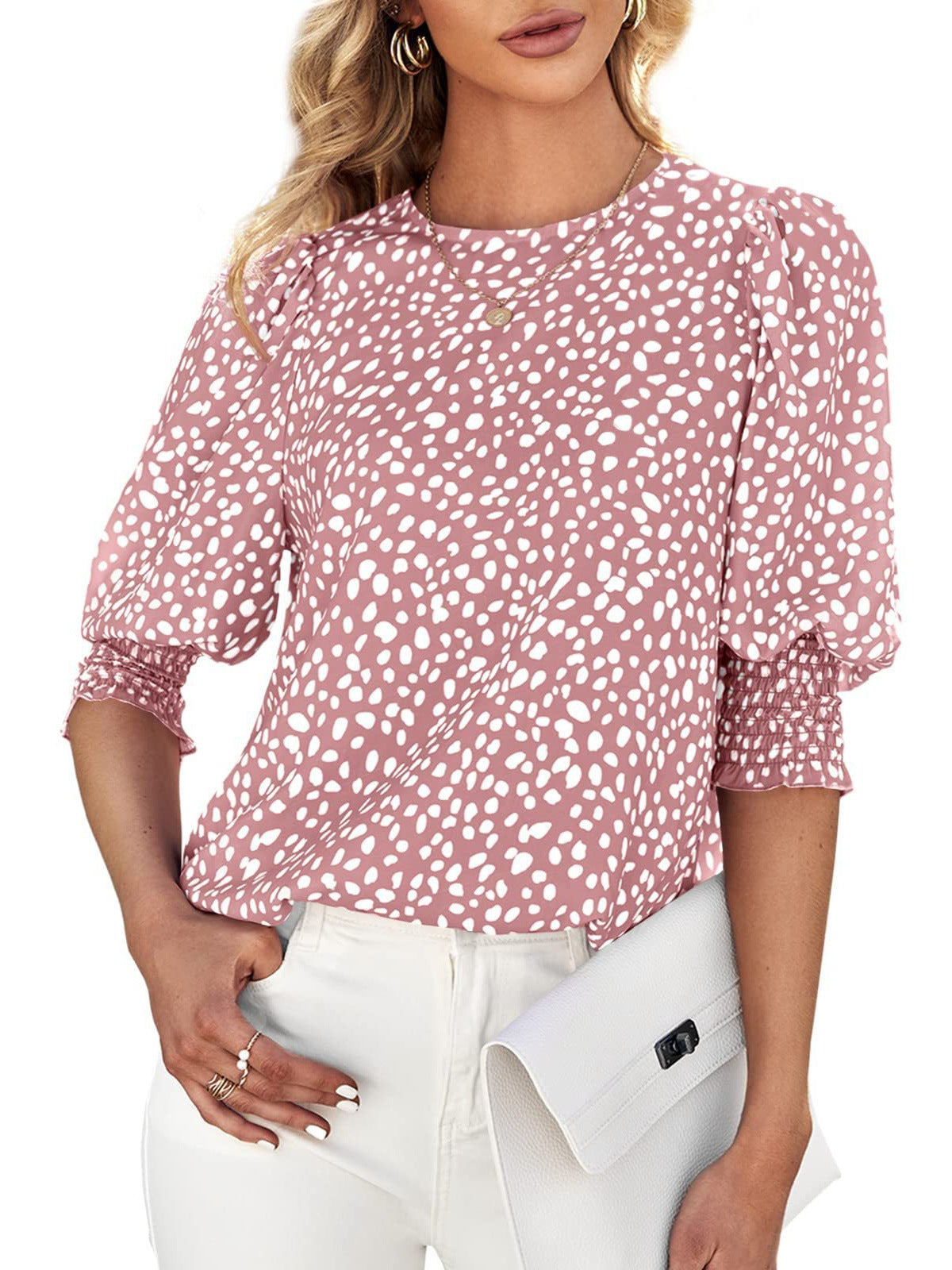 Women's Summer Short-sleeved Round Neck Loose Printed Chiffon Blouse