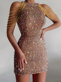 Fashion Halter Sexy Crystal Chain Sheath Dress