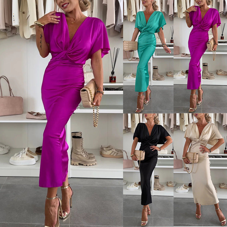 Women's Satin Twisted Chest Batwing Sleeve Loose Vacation Dress