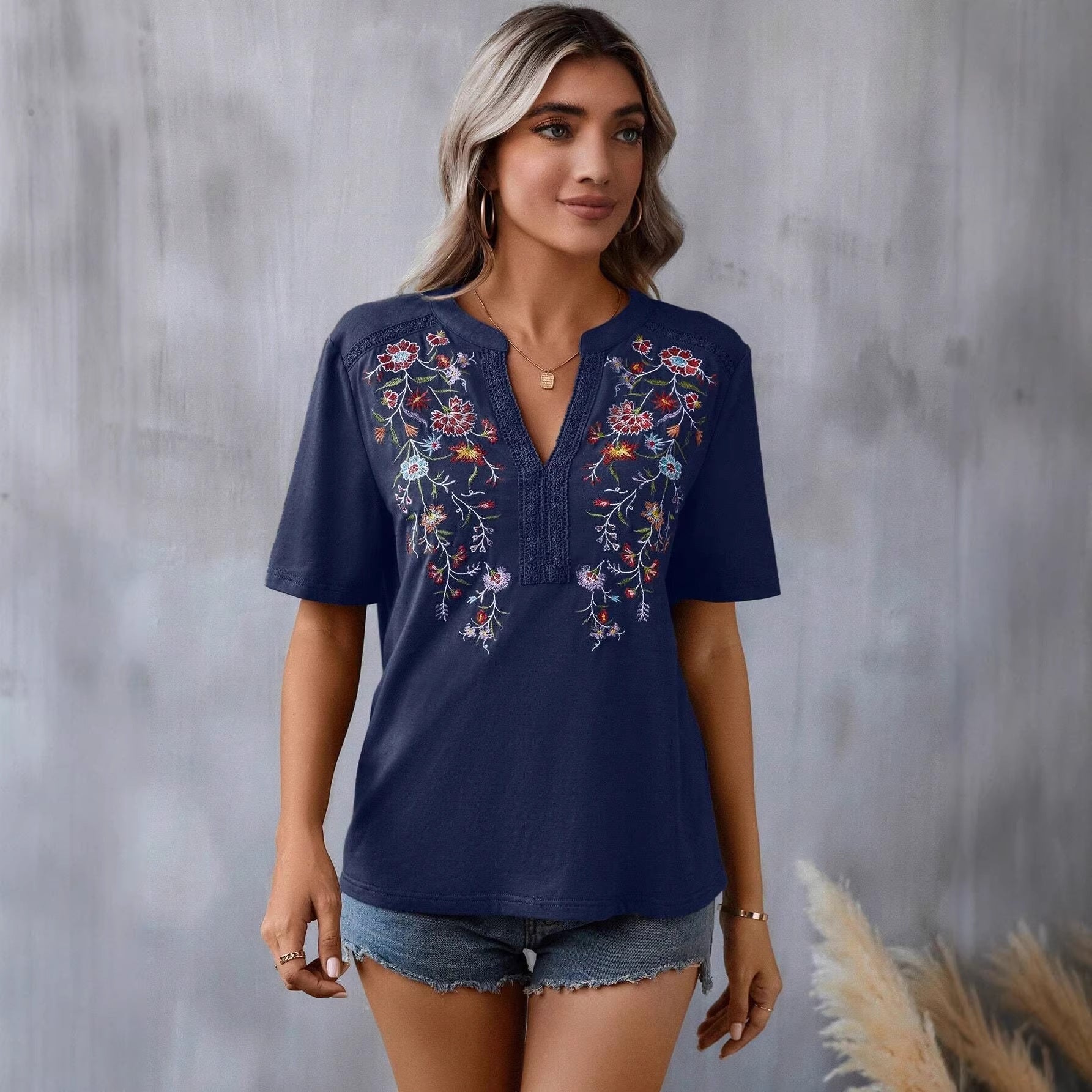 Women's Summer Fashion Ten Thousand Needles Embroidery Stitching Blouses
