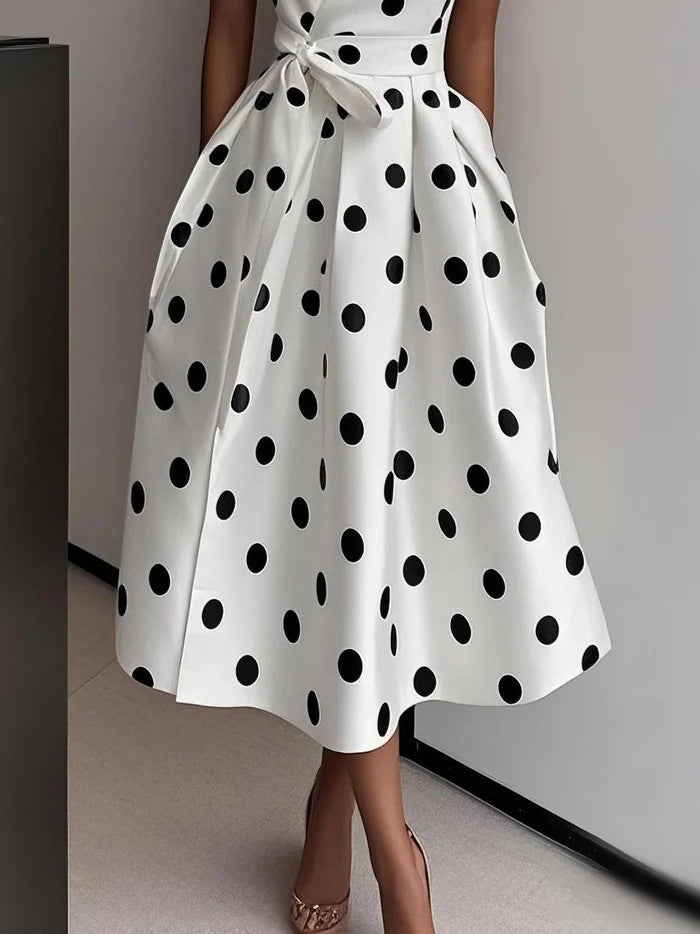Women's Spring French Sleeveless Black White Polka Dress
