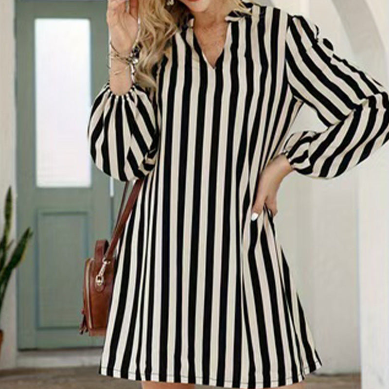 Women's Striped High Low Hem Long Sleeve Shirt Leisure Blouse