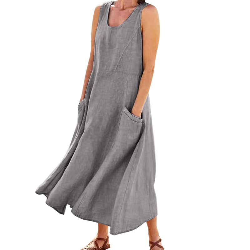 Women's Summer Retro Sleeveless Solid Color Cotton Linen Dress