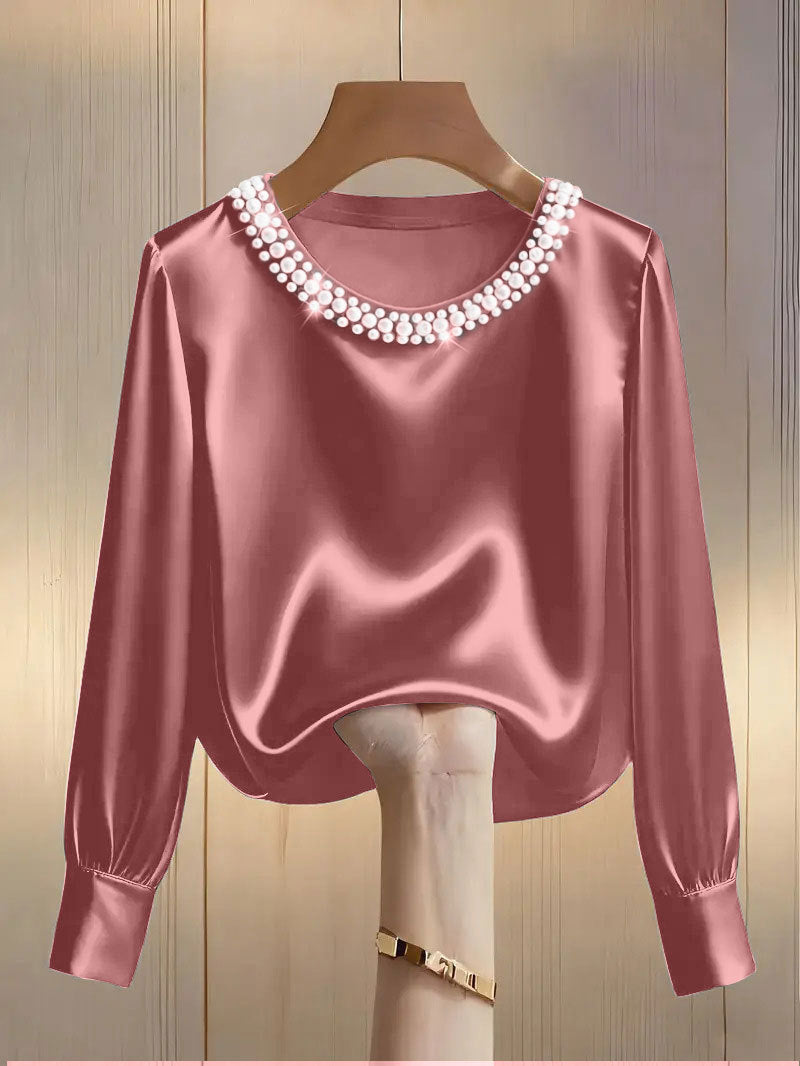 Women's Style High-grade Pearl Round Neck Satin Shirt Tops