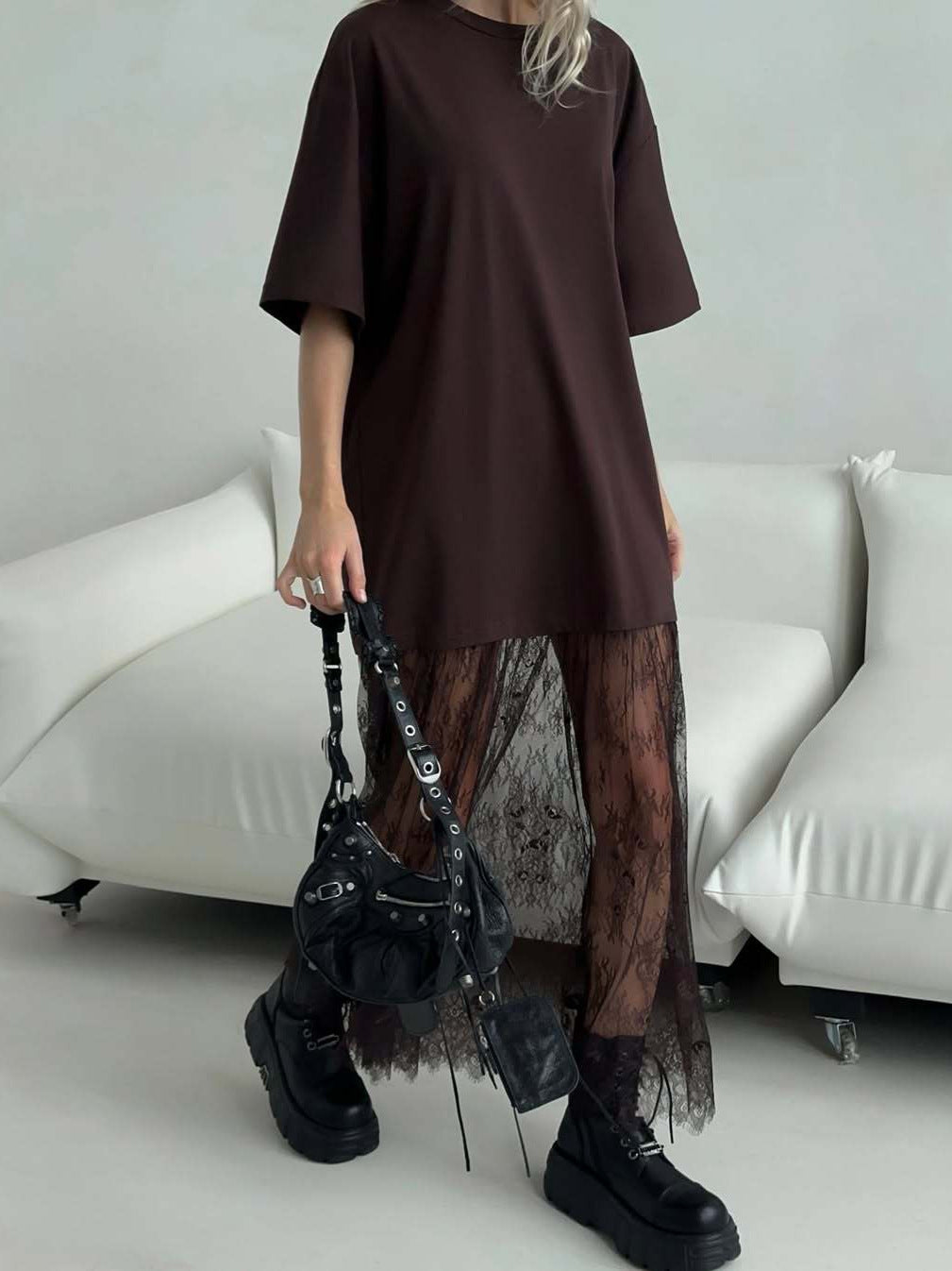 Women's Mesh Stitching Short-sleeved Dress For Summer Elegant Slimming Coffee Color Women's T-shirt