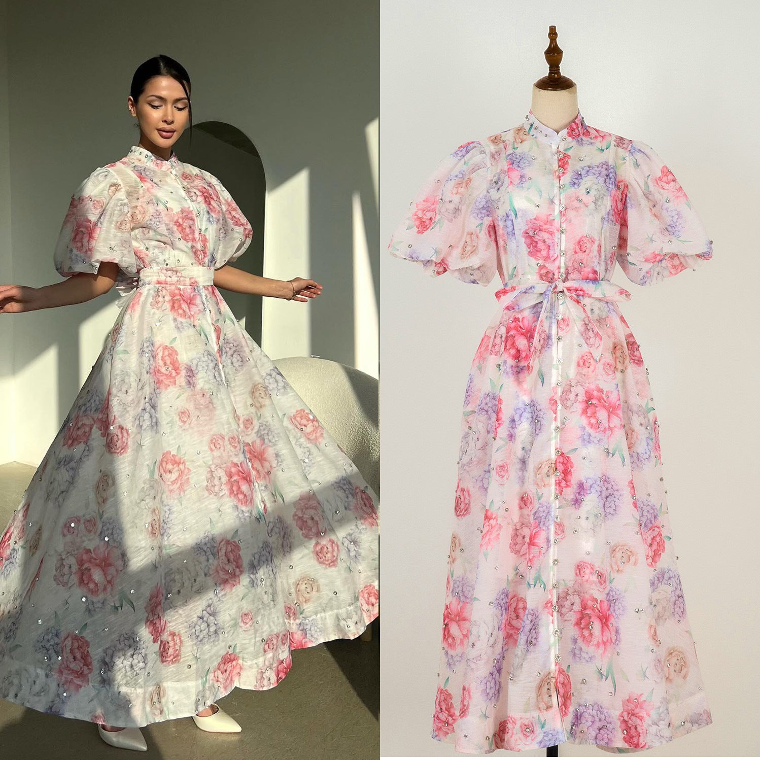 Summer Palace Style High Design Sense Rhinestone Sleeve Single-breasted Long Dress