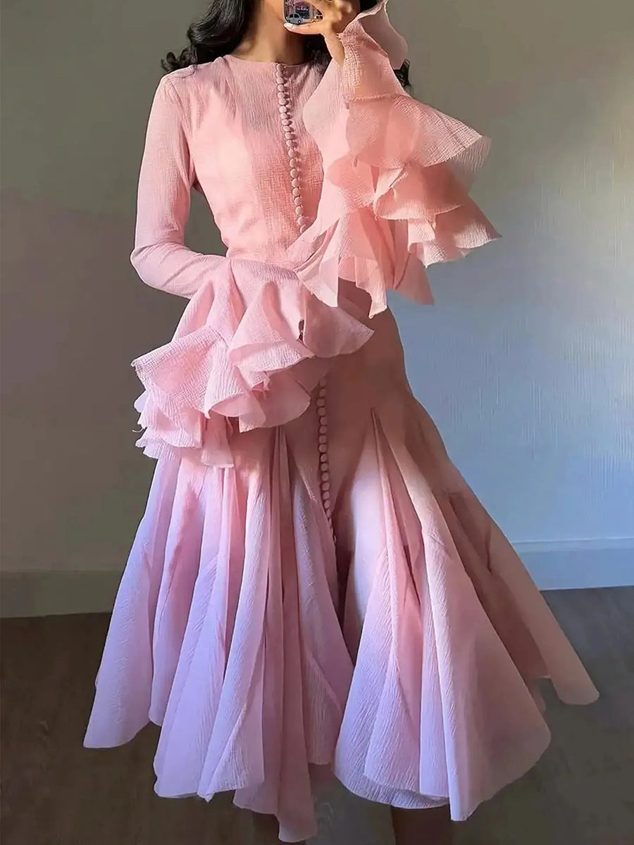 Women's Ruffled For Summer Fashion High Collar Long Sleeve Dress