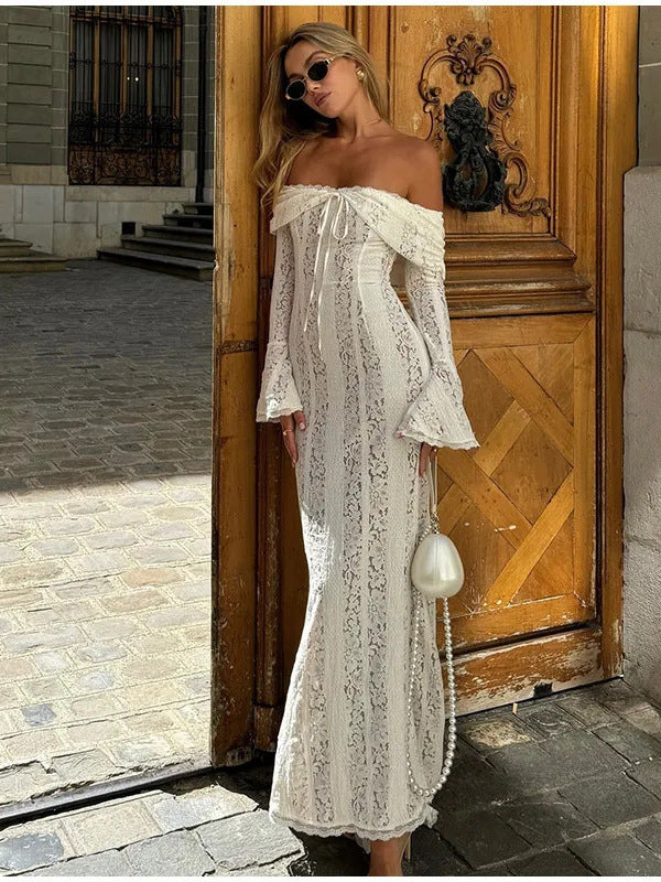 Fashion Sexy Lace Long Bell Sleeve Dress