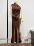 Color Diagonal Collar Sleeveless Maxi Slant Dress